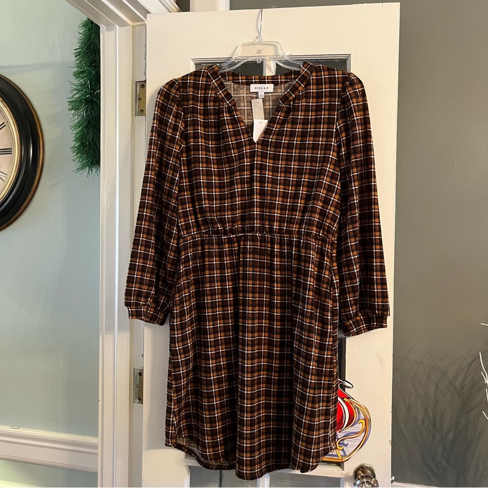 NWT Gilli Brown Plaid Long Sleeve Dress Size Large 🤎